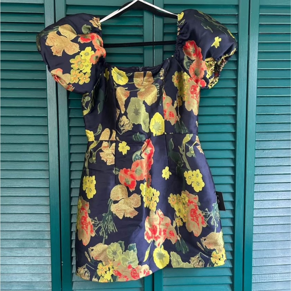 Lulu's Navy Floral Dress with Puff Sleeves